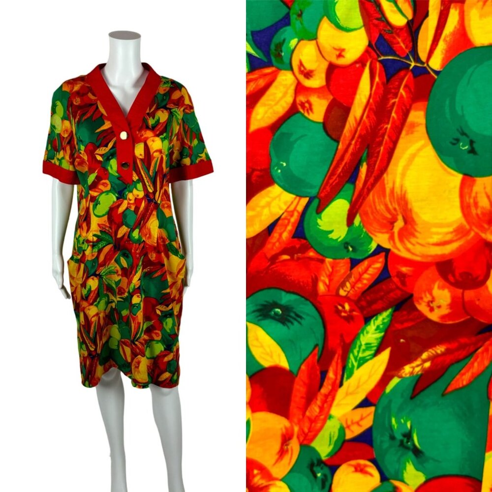Vintage 90s Fruits Dress Women's Extra Large Apple Novelty Print Shift
